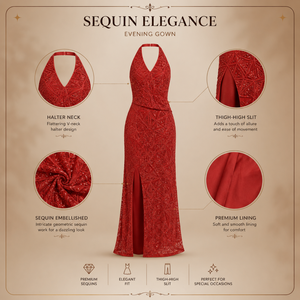 Luxury Red Halter Neck <b>Sequined</b> Evening Gown for Women | High Slit Formal Maxi Dress | Elegant Prom Party Wedding Reception Wear - Product Image 5