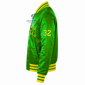 Chaqueta universitaria de satén verde para mujer Chi Eta Phi con botones a presión, letras griegas bordadas, cuello y puños de punto a rayas, ropa exterior - Product Image 3