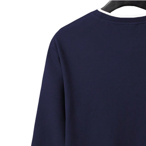 Camiseta de Manga Larga para Hombre, Tejido Waffle, Azul Marino, Cuello Redondo, Estilo Casual, Corte Holgado, Uso Diario, 100% Algodón - Product Image 3