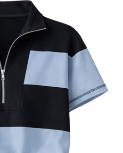 Conjunto Deportivo Casual de Verano para Mujer, Dos Piezas, Estilo Romper de Manga Corta con Cierre de Cremallera, Color Negro y Azul Cielo - Product Image 4