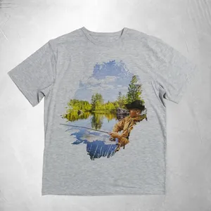 T-shirt personnalisé gris chiné clair pour homme avec imprimé pêche, motif pêcheur lac-forestier, sans logo ni étiquette, vente en gros - Product Image 1