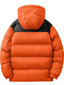 Blouson matelassé orange pour homme, coupe-vent, en polyester épais, décontracté, col montant, fermeture éclair, coupe régulière, couleur unie, à capuche - Product Image 2