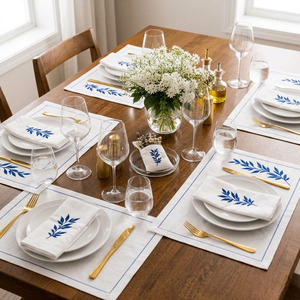 Custom Classic Washable Reuse Embroidery Blue Leave <b>Placemats</b> Napkins Sets 100% Cotton Line Border Mats Home Wedding Events - Product Image 2