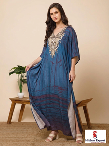 Vestido Largo Kaftan de Rayón Estampado Azul para Mujer, Marca HitJem Export, Corte Holgado, Manga Larga, Elegante, Estilo Línea A, Ropa de Verano - Product Image 6