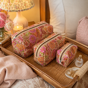 Premium Pink Orange Floral 3 Piece Quilted <b>Makeup</b> Pouch Set Cotton Cosmetic Bags for Women Travel Toiletry <b>Organizer</b> Gift Set - Product Image 1