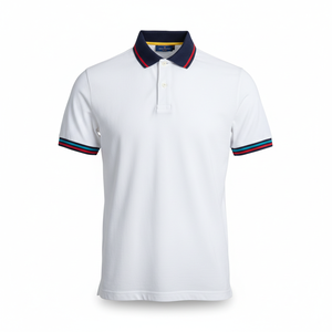 เสื้อโปโลผ้าฝ้ายสีขาวลายทางสีรุ้ง  รับทำโลโก้ตามสั่ง  ผู้ผลิต OEM ขายส่ง เสื้อแขนสั้นลำลอง - Product Image 4