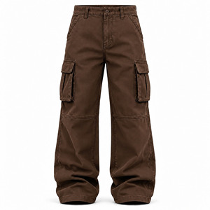 Men's Brown <b>Wide</b> <b>Leg</b> Cargo Pants With Multiple Pockets Button Closure Casual <b>Trousers</b> - Product Image 1