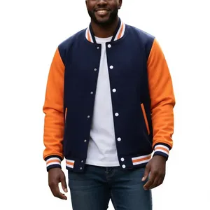 Men's Navy <b>Orange</b> Varsity Jacket <b>Fleece</b> Lined Casual Bomber Coat Stand Collar Regular Fit Autumn Wear Embroidery - Product Image 1
