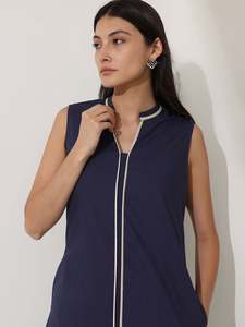 Navy Blue <b>Sleeveless</b> Maxi <b>Dress</b> With Contrast Binding Stand Collar Loose Fit Casual Daily Wear <b>Summer</b> Woven Cotton <b>Dress</b> - Product Image 4