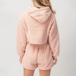 Conjunto de Sudadera con Capucha y Pantalones Cortos de Felpa Rosa para Mujer, Color Sólido, Ropa Casual para Estar en Casa, Manga Larga, Estilo Otoñal - Product Image 5