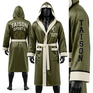 Robe de boxe en polyester satiné premium 280 GSM, gris pêche, panneaux contrastés, broderie personnalisée, sublimation. - Product Image 5