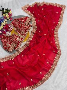 Sari en Georgette Bourgogne Brodé avec Bordure en Paillettes, Jari et Dori – Robe Traditionnelle Indienne pour Mariage et Fêtes - Product Image 6