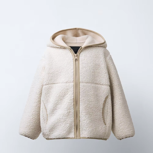 <b>Womens</b> <b>Cream</b> Sherpa Textured Full Zip Hoodie Broad Hood Split Pouch Pockets Long Sleeve Cotton Blend <b>Fleece</b> Ivory Custom Top - Product Image 2