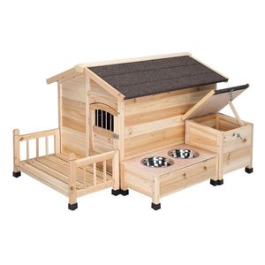 HOBBYZOO Wooden <b>Dog</b> <b>House</b> <b>Outdoor</b> Pet Shelter with Cabin Style Waterproof Asphalt Roof Porch Feeding Bowl Storage Box Nat - Product Image 3