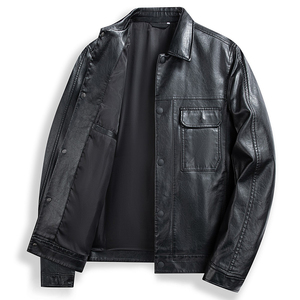 Genuine High Quality Coated <b>Leather</b> Stand Collar Men's Casual <b>Jacket</b> Wholesale Fashion Street Wear <b>Long</b> Black Dye Belt Waist - Product Image 1