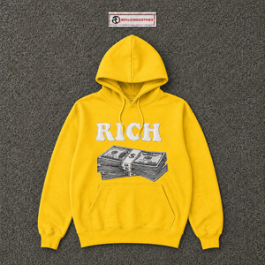 Sudadera con capucha amarilla oversize para hombre, estilo streetwear, con estampado gráfico de letras RICH, con bolsillo, precio al por mayor - Product Image 5