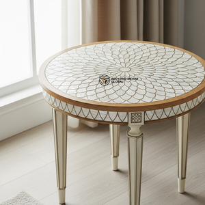 Taburete de Madera Artesanal Personalizado al por Mayor, Soporte Decorativo Blanco y Dorado con Arte Meena, Mesa Auxiliar de Madera Maciza Duradera con Trípode - Product Image 3