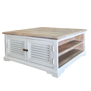 Mesa de Centro de Madera de Mango Sólida de Estilo Industrial en Acabado Blanco y Natural con Características de Gabinete, Hecha a Mano para Sala de Estar - Product Image 2