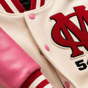 Bold Urban Style 2027 Varsity Jacket Men's PU <b>Leather</b> Sleeve Baseball Jacket Embroidered Letterman Coat Red Pink White - Product Image 6