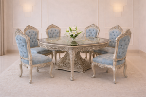 Elegant Silver-Ornate <b>Solid</b> <b>Wood</b> Dining Room Furniture Set Modern Dining <b>Table</b> and Chair Set Foldable 6-Seater Luxury Design - Product Image 2