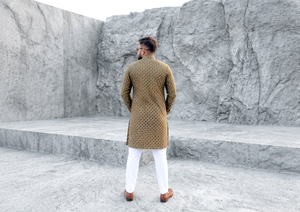 Conjunto Kurta Pathani para Hombre, Estampado Geométrico, Camisa Larga con Cuello Mandarín, Atuendo Étnico Indio Pakistaní - Product Image 4