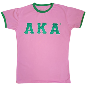 Camiseta AKA Pink Ringer con ribete verde y letras griegas bordadas, camiseta informal para mujer, color rosa y verde - Product Image 1