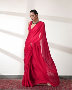 KV Ruby <b>Red</b> Chiffon Bollywood Style Saree With Unstitched <b>Blouse</b> - Product Image 4