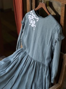 O-Neck Linen Midi Dress With <b>White</b> Floral Embroidery Ruffle Sleeve Loose Fit Casual Spring Summer Comfortable Dress For Women - Product Image 2