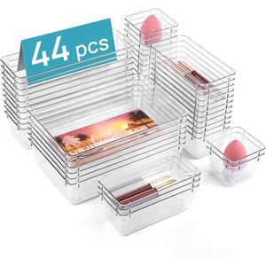 Set di 44 Organizzatori per Cassetti in Plastica Trasparente, 4 Misure, Vassoi Antiscivolo per Bagno, Materiale PS - Product Image 1