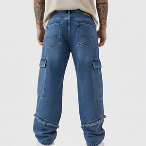 Jean cargo baggy délavé bleu pour homme, taille mi-haute, style vintage, effet usé, 100% coton, streetwear hip-hop, poches, personnalisable OEM - Product Image 2