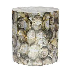 Natural Shell Mosaic Cylinder Accent <b>Stools</b> Mother of Pearl Stylish Hand Made Wooden <b>Stool</b> With Blue And Gold Grid Decor - Product Image 4