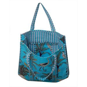 Handmade Cotton Quilted Tote <b>Bag</b> Floral Pattern Eco-Friendly Travel Storage Shoulder <b>Bag</b> Large Size Zipper Closure <b>Long</b> Handle - Product Image 3