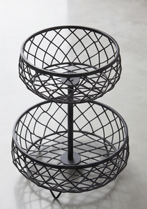 Panier de rangement pour fruits en fil métallique noir à deux niveaux, avec poteau central, support décoratif moderne à 2 couches - Product Image 5