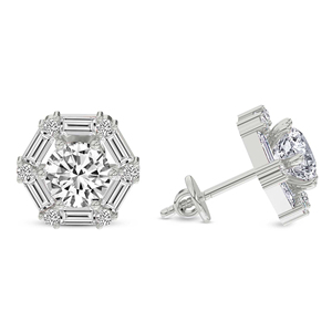 Boucles d'oreilles de luxe hexagonales en or 10k/12k avec fleur de rafflesia et diamants de laboratoire, serties de pierres rondes et baguette - Product Image 2