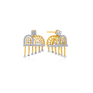 Elegant Two-Tone Golden <b>Silver</b> Geometric Arch Statement Ring with Hanging Drop Stone Detailing <b>Stud</b> Earrings - Product Image 2