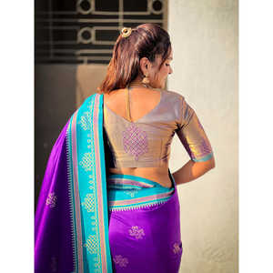 ผ้าไหมสีม่วงเนื้อนุ่มแบบดั้งเดิม ทอแบบซารี พร้อมลายปักแบบซารี สำหรับงานแต่งงาน น้ำหนัก 650 กรัม - Product Image 3