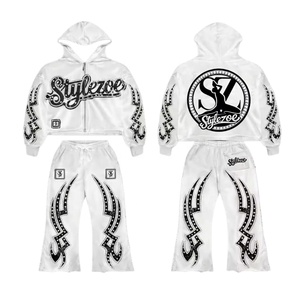 Ensemble de survêtement unisexe vintage blanc uni, en molleton 100% coton épais, sweat à capuche et pantalon, avec strass écologiques - Product Image 1