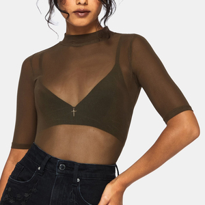 New Design Knitted Mesh Top <b>See</b>-<b>through</b> <b>Sexy</b> Short Sleeve Embroidery Logo Casual Crop Top Comfortable Solid Colour Women T-Shirt - Product Image 4