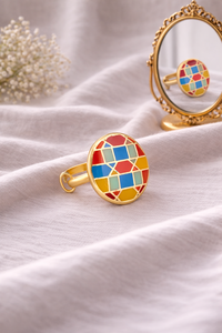 Gold Tone Multicolor Enamel <b>Adjustable</b> <b>Ring</b> for Women Round Geometric Pattern Party & Wedding Wear Jewelry - Product Image 2