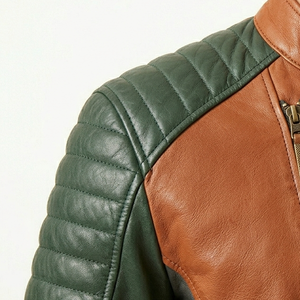 Blouson moto homme en cuir véritable color block, col montant, fermeture éclair, coupe ajustée, style automne - Product Image 5