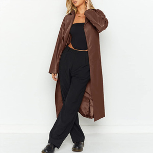 Manteau long en cuir sur mesure pour femme, coupe trench, ouvert sur le devant, col à revers, manches longues, décontracté, coupe-vent, couleur unie, vêtement d'extérieur pour l'hiver - Product Image 3
