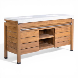 Meuble-lavabo double moderne en teck massif avec comptoir en terrazzo, style meuble-lavabo sur pied pour hôtel de luxe - Product Image 1