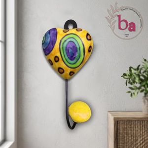 Ba Ceramic Heart Wall Hook Handmade Yellow With Purple Green Pattern <b>Novelty</b> Design Single Hook - Product Image 1