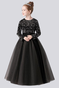 Robe de princesse exclusive en velours noir brodée de sequins sur tulle doux pour filles, robe de soirée pour enfants, vente en gros OEM ODM - Product Image 2