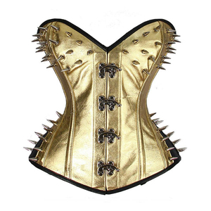 Wholesale Steel Boned Women Vegan/Genuine Leather Spikes and Hooks Overbust <b>Corset</b> Color Golden Made in Pakistan Custom logo Oem - Product Image 2