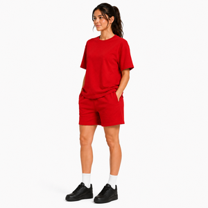 Custom Women Oversized T Shirt and Shorts <b>Set</b> Heavyweight Cotton Crew Neck Tee Elastic Waist Short <b>Set</b> Solid Color Tracksuit - Product Image 5