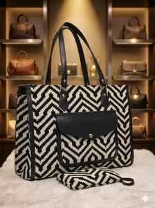 Ensemble de sacs fourre-tout en toile Chevron Zigzag de luxe 2026 — 2 sacs à bandoulière pour femme avec poche avant et pochette assortie - Product Image 3