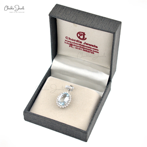 Pendentif halo en or blanc massif 14 carats avec aigue-marine et diamants blancs taille brillant de 2 mm, idéal pour mariage ou cadeau (vente en gros) - Product Image 4