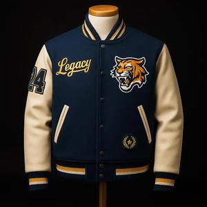 Veste universitaire unisexe de luxe noire et marine avec manches en similicuir, col montant et logo frontal - Product Image 5