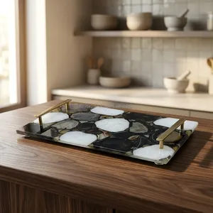 Handmade <b>Black</b> Agate Stone Serving Tray with Gold Metal Handles Rectangular Decorative Kitchen Coffee Table Home Display Decor - Product Image 6